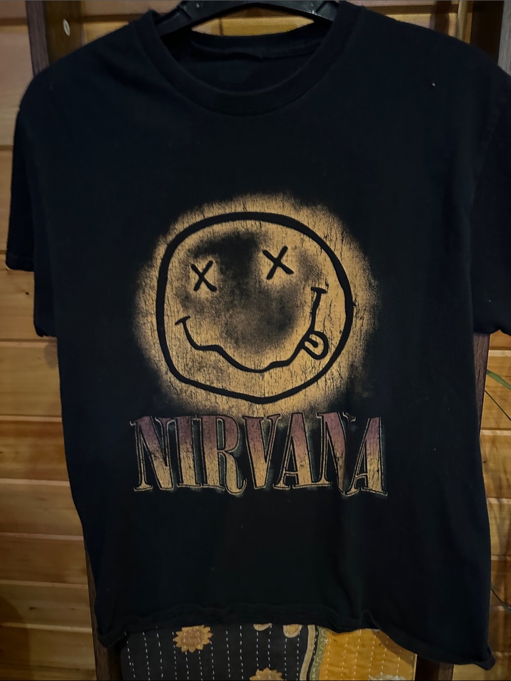 NIRVANA Black Tee with Faded Yellow Smiley and Gradient Logo